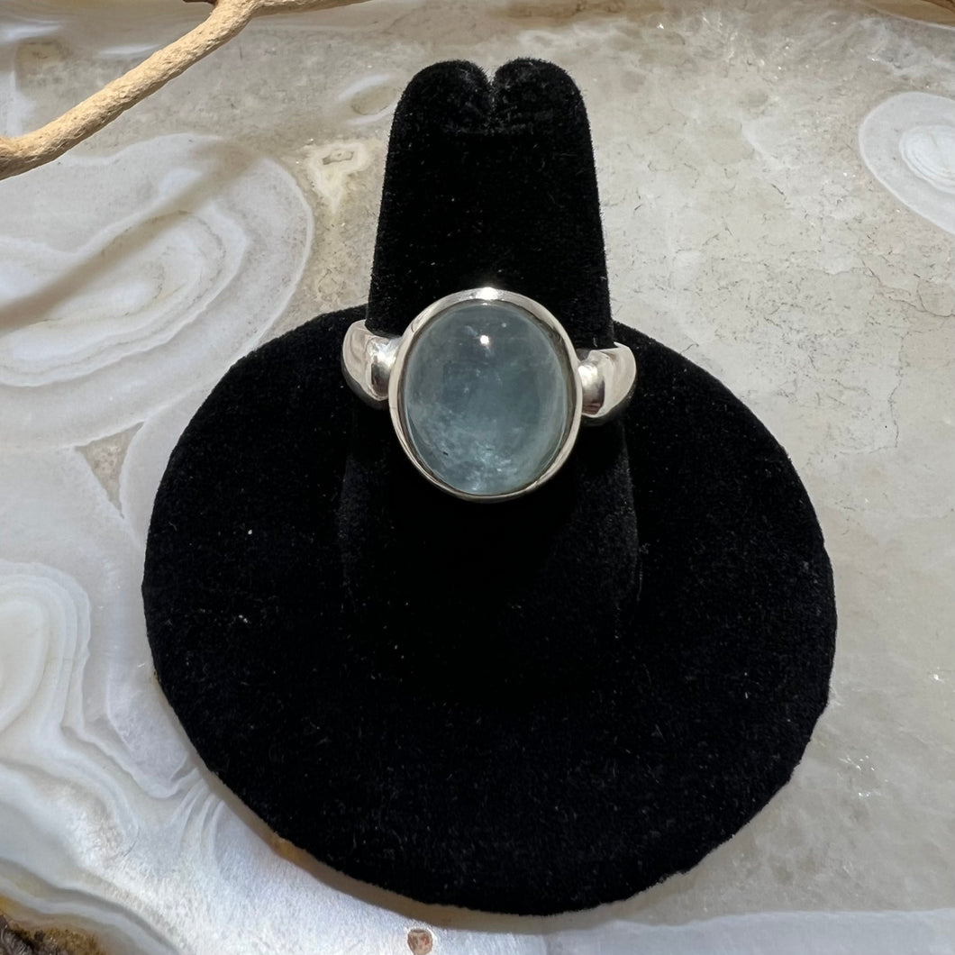 Aquamarine Oval Cabochon Ring (Size 7)