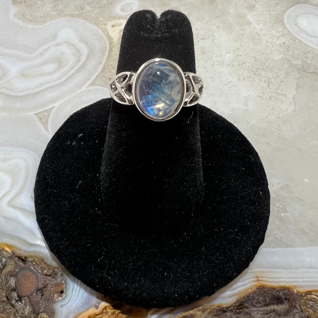 Rainbow Moonstone Oval Cabochon Celtic Ring (Size 5)