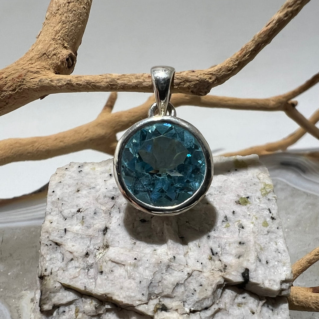Blue Topaz Faceted Round Bezel Set Pendant