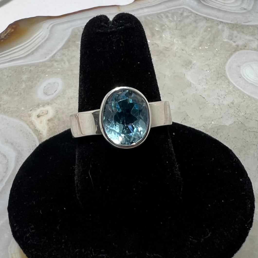 Blue Topaz Classic Faceted Bezel Set Ring (Size 8)